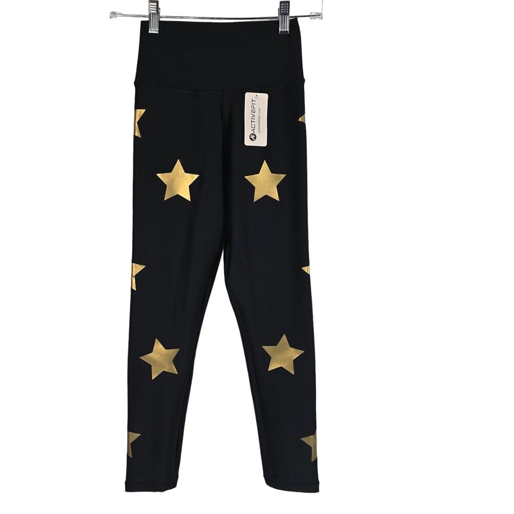 ActiveFit Black Gold Stars Compression Athletic Leggings Small NWT